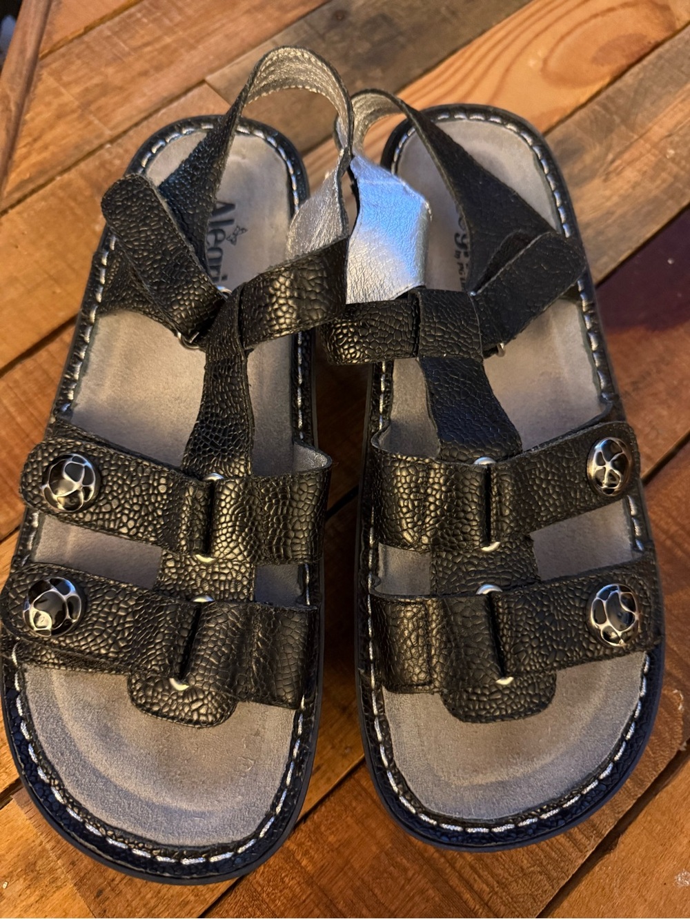 Alegria Black Textured Triple-Strap Women's Sandals